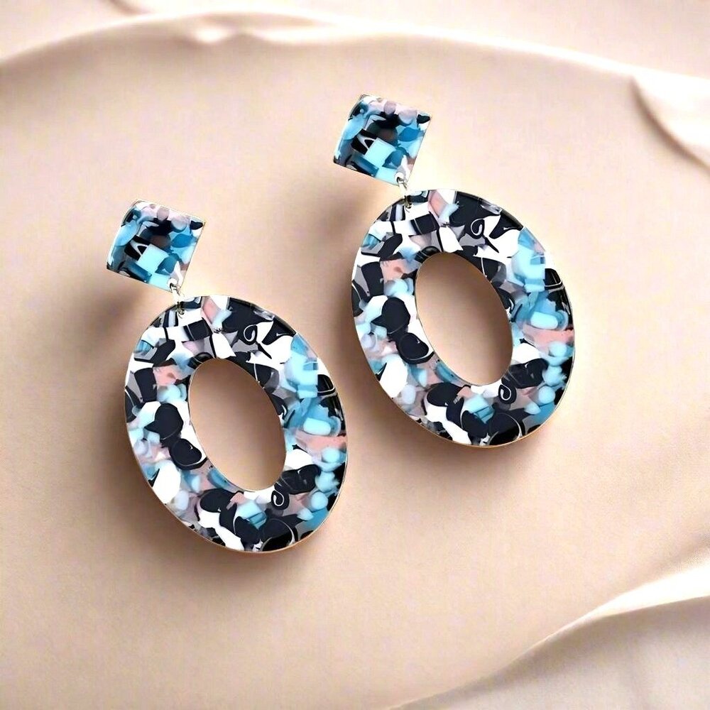 Zinnia Arts Abstract Pattern Large Oval Earrings Black Blue Gift Packaged